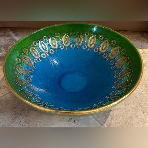 MCM Aldo Londi Bitossi Italy Blue, Green And Gold 11” Diameter Pottery Bowl.